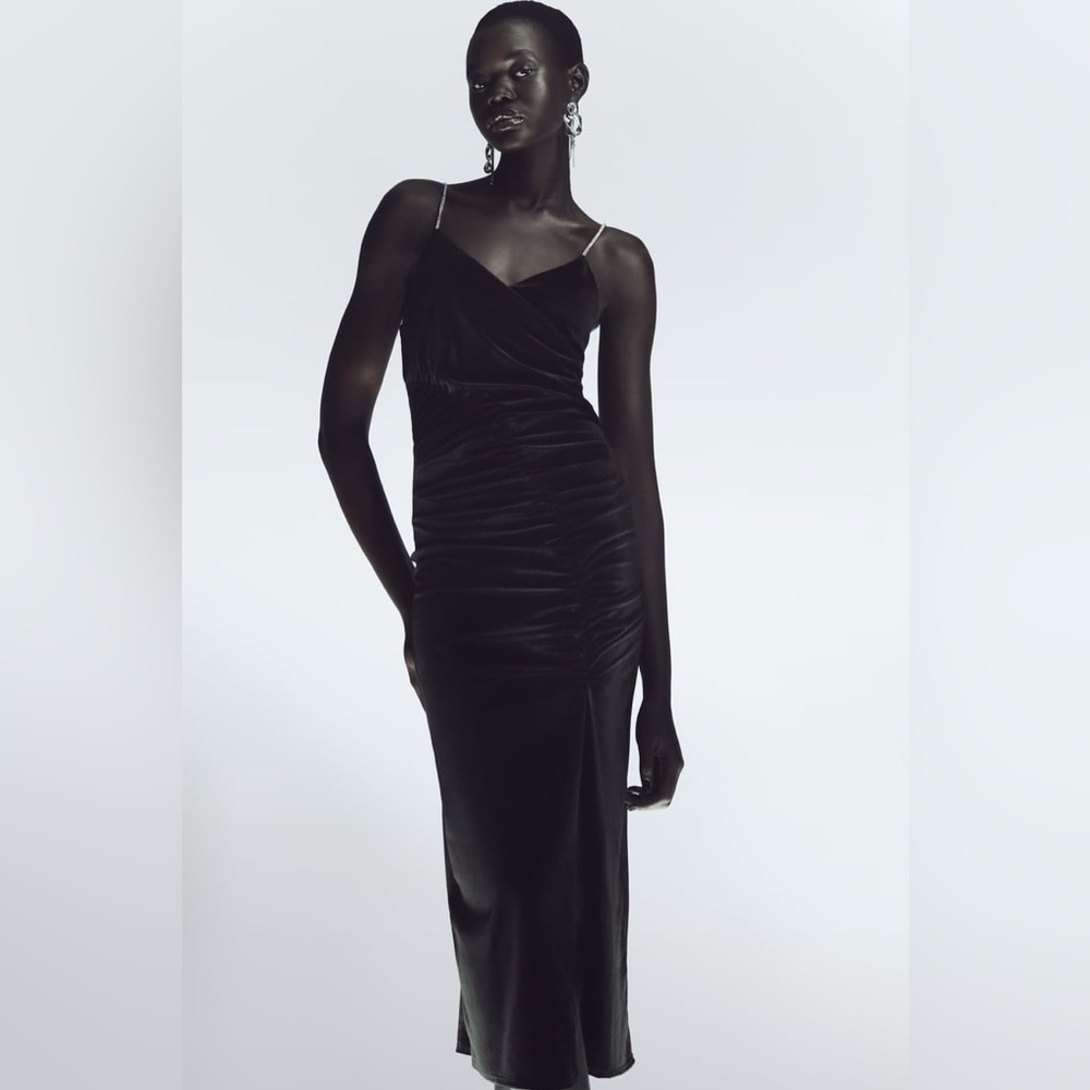 ZARA VELVET MIDI BLACK DRESS WITH RHINESTONE STRAPS BRAND NEW WITH TAGS SMALL